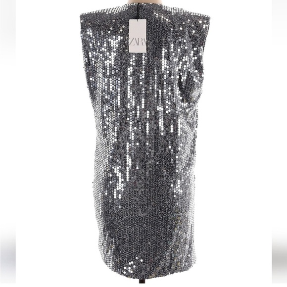 NWT ZARA Draped Silver Sequin Dress (Size Medium, P2P 19 in.) - Picture 8 of 8